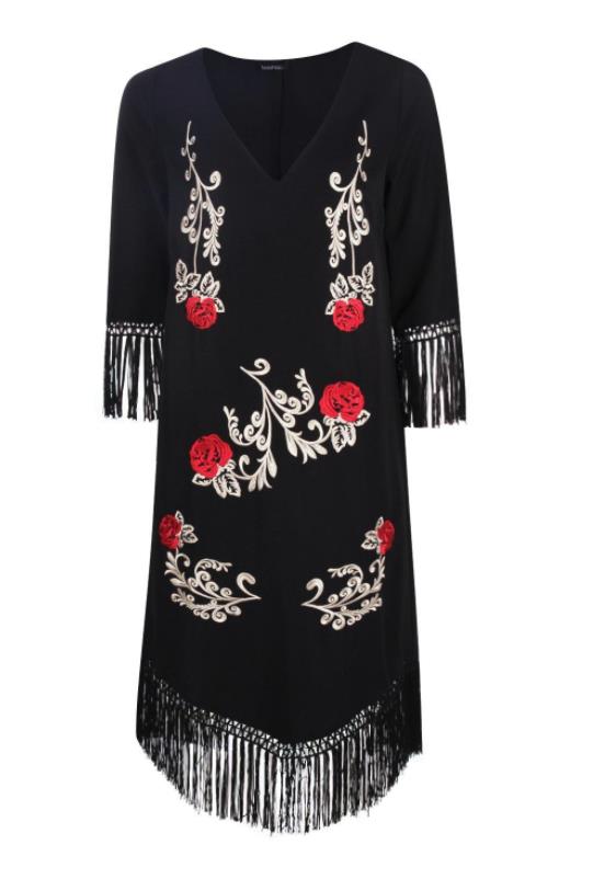 BOOHOO Allie Dress Embroidered Tassel Black Red & White 3/4 Sleeve Size 8 NEW