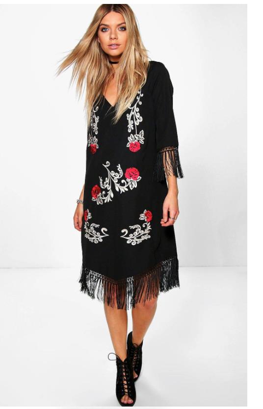BOOHOO Allie Dress Embroidered Tassel Black Red & White 3/4 Sleeve Size 8 NEW