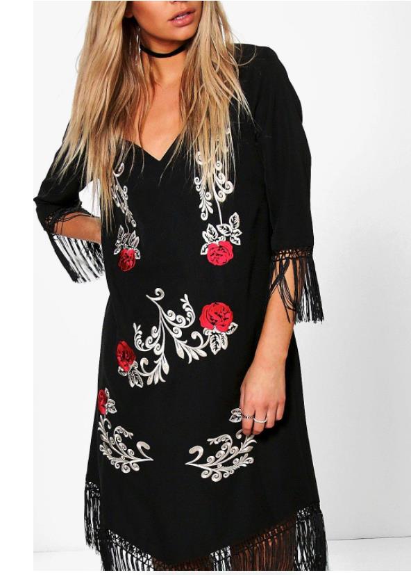 BOOHOO Allie Dress Embroidered Tassel Black Red & White 3/4 Sleeve Size 8 NEW