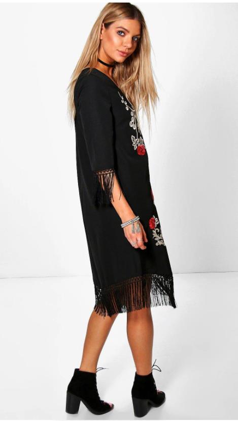 BOOHOO Allie Dress Embroidered Tassel Black Red & White 3/4 Sleeve Size 8 NEW
