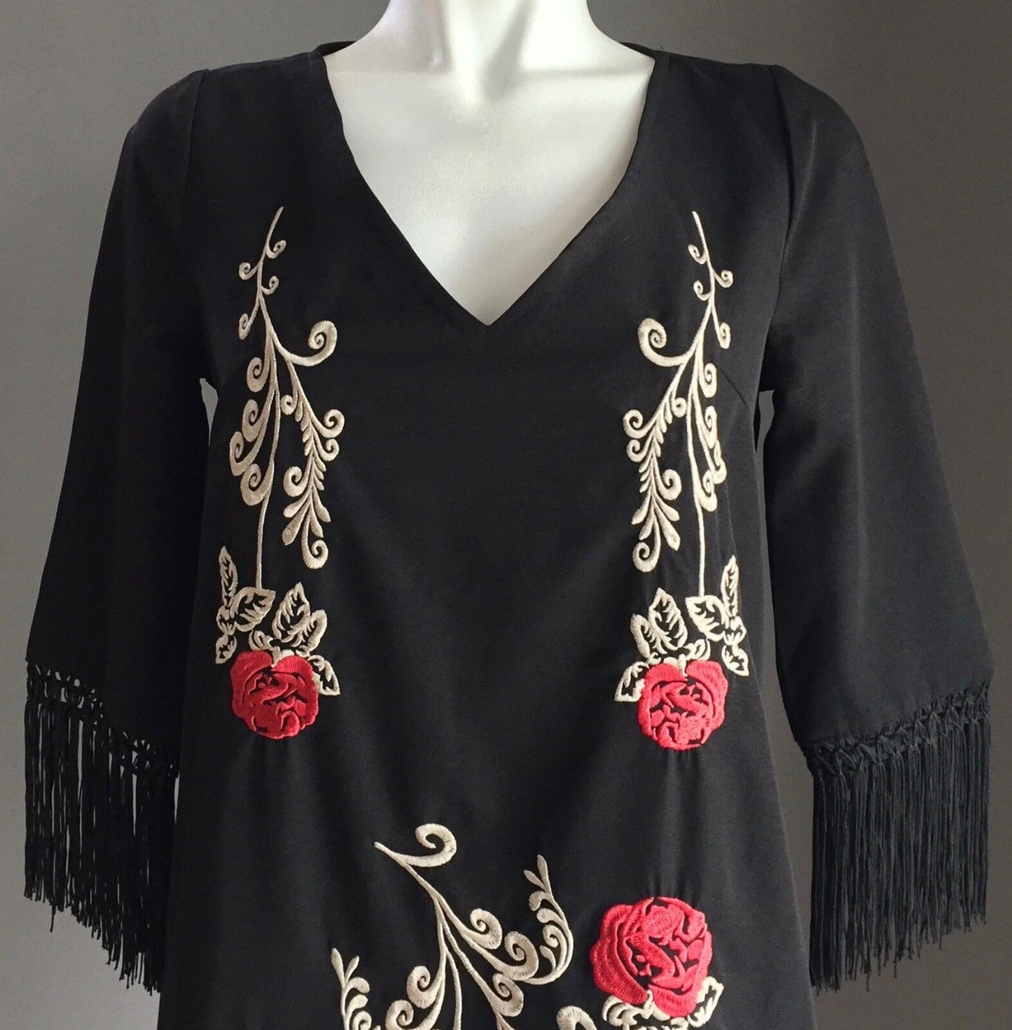 BOOHOO Allie Dress Embroidered Tassel Black Red & White 3/4 Sleeve Size 8 NEW
