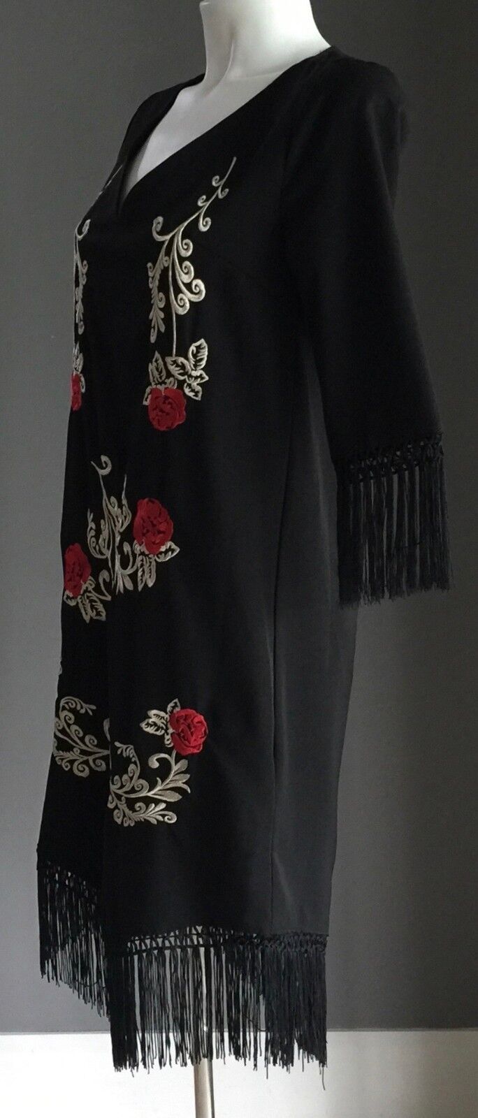BOOHOO Allie Dress Embroidered Tassel Black Red & White 3/4 Sleeve Size 8 NEW