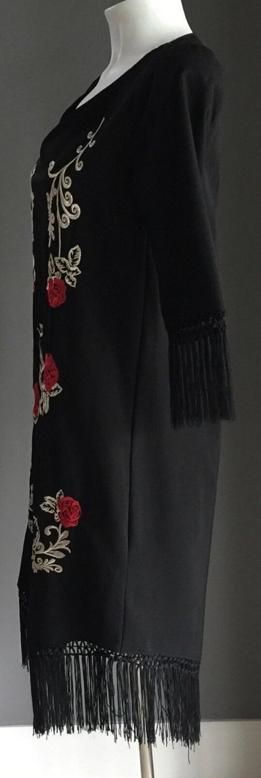 BOOHOO Allie Dress Embroidered Tassel Black Red & White 3/4 Sleeve Size 8 NEW