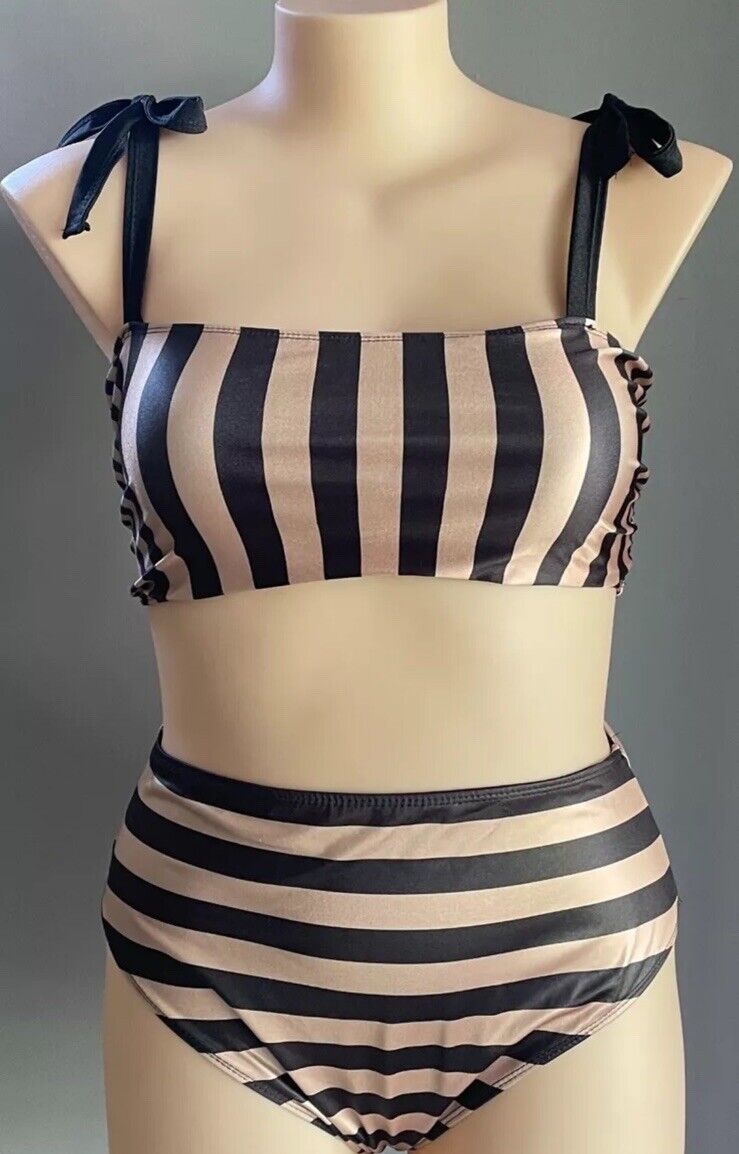 BOOHOO Bikini Set Gold & Black Stripe 2pc Size 18 High Waist Shoulder Ties NEW