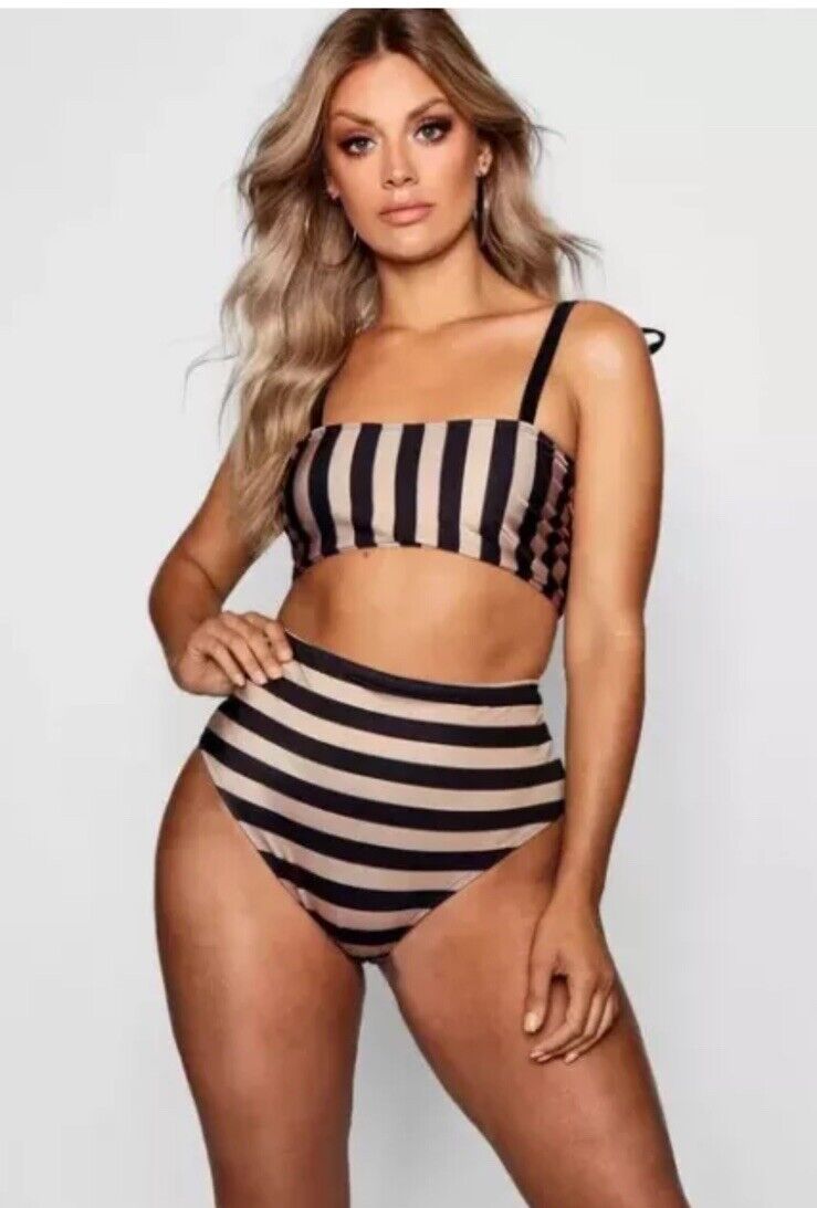 BOOHOO Bikini Set Gold & Black Stripe 2pc Size 18 High Waist Shoulder Ties NEW