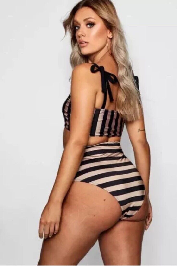 BOOHOO Bikini Set Gold & Black Stripe 2pc Size 18 High Waist Shoulder Ties NEW