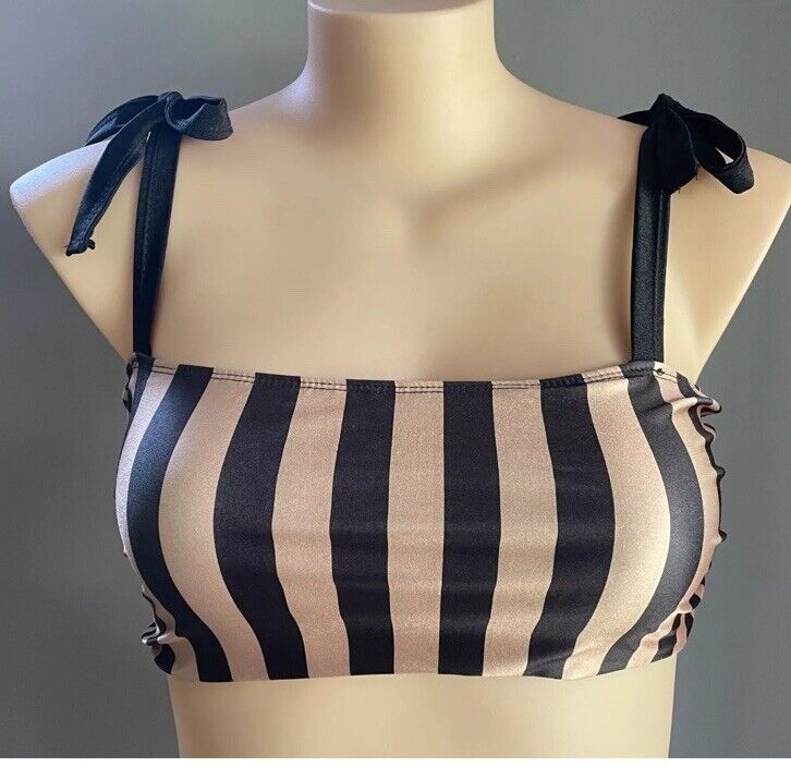 BOOHOO Bikini Set Gold & Black Stripe 2pc Size 18 High Waist Shoulder Ties NEW