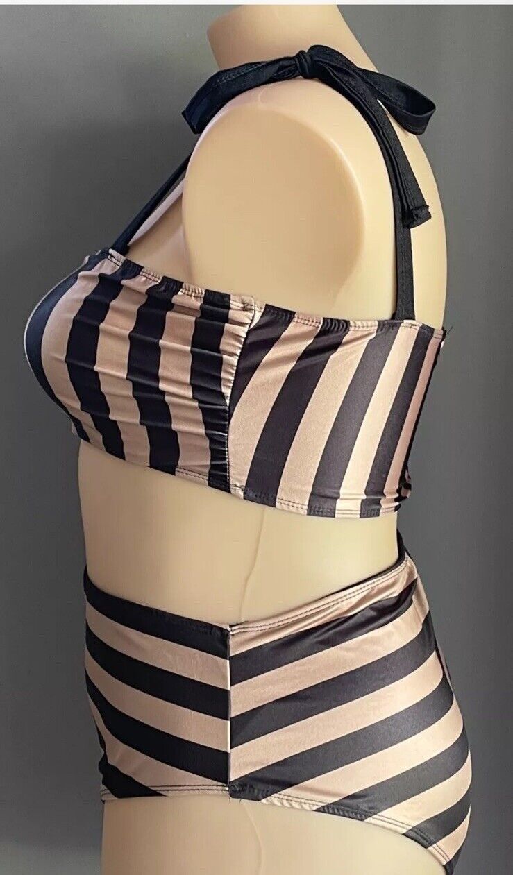 BOOHOO Bikini Set Gold & Black Stripe 2pc Size 18 High Waist Shoulder Ties NEW