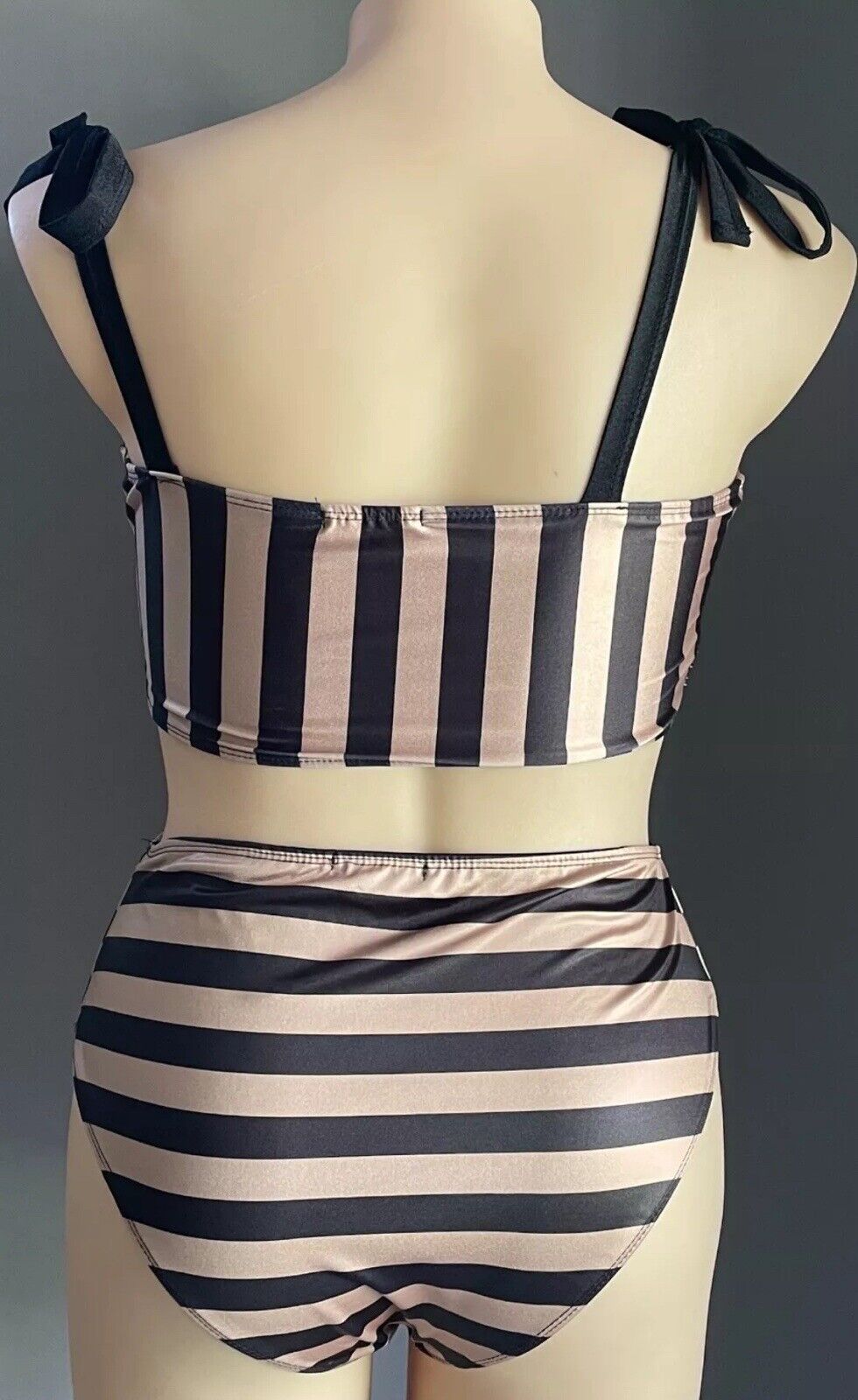 BOOHOO Bikini Set Gold & Black Stripe 2pc Size 18 High Waist Shoulder Ties NEW