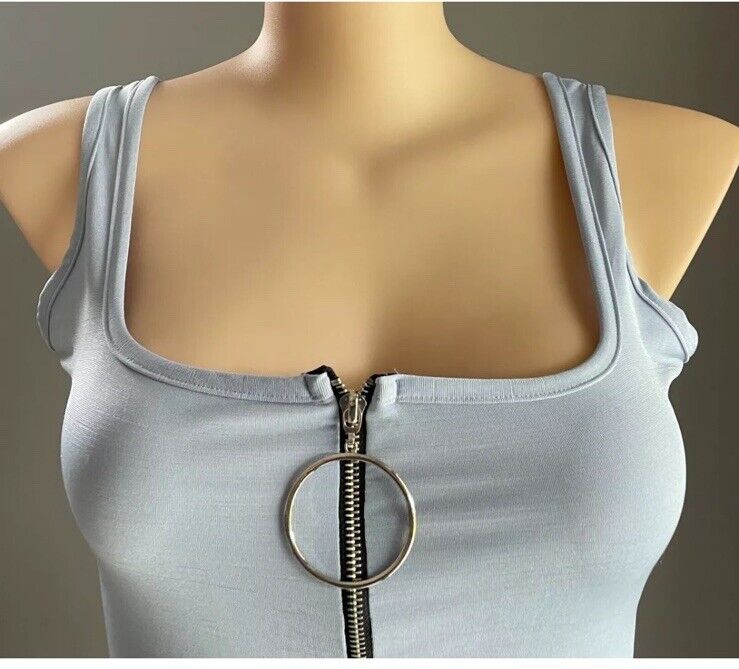 BOOHOO Plus Hannah Bodysuit Dusty Blue Slinky Fabric Zip Front Plus Sz 18 NEW