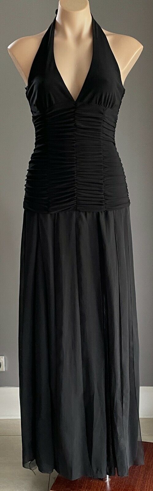 MR K Gown Dress Black Halter Neck Ruched Bodice Midi Fabric Strip Skirt Size 10
