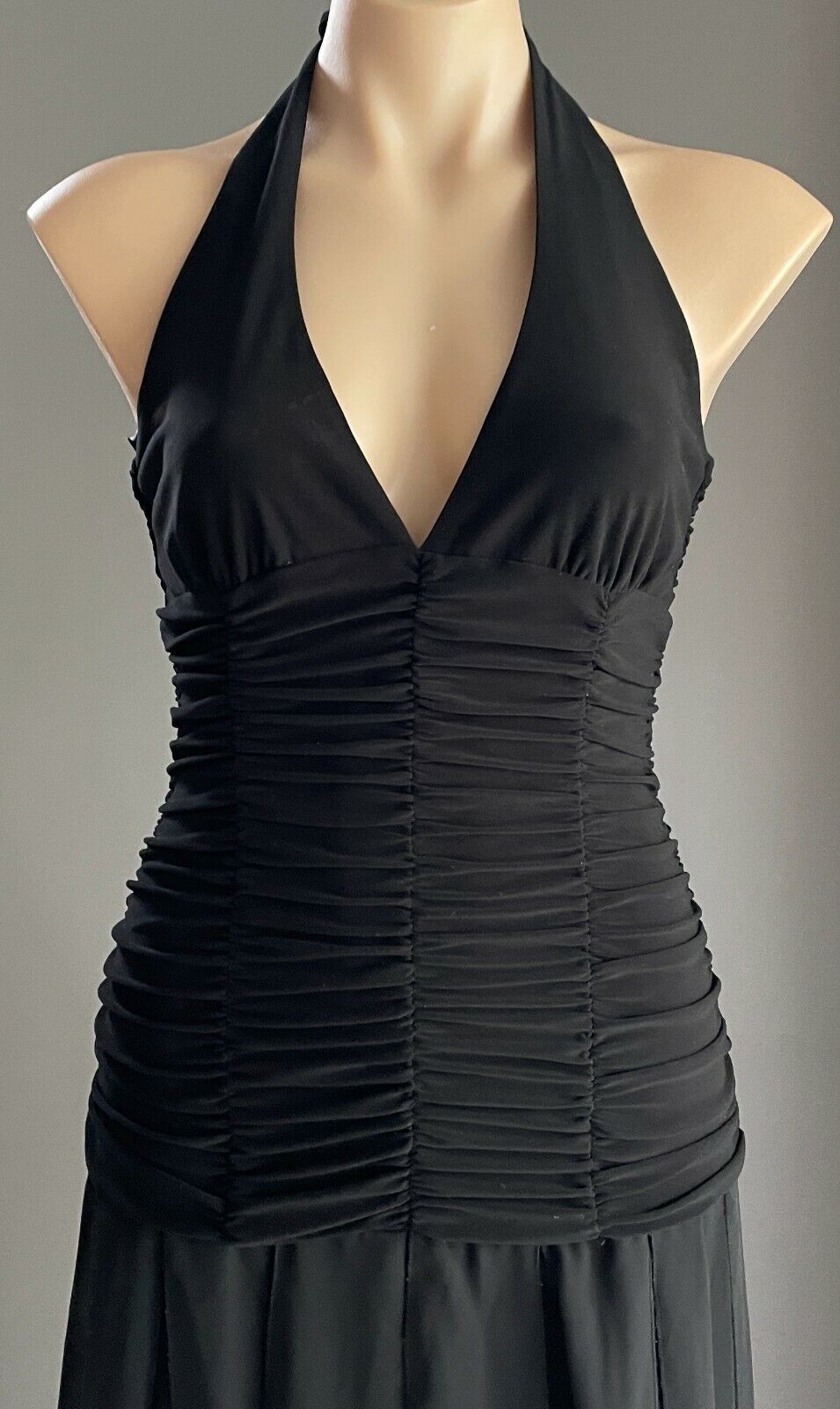 MR K Gown Dress Black Halter Neck Ruched Bodice Midi Fabric Strip Skirt Size 10