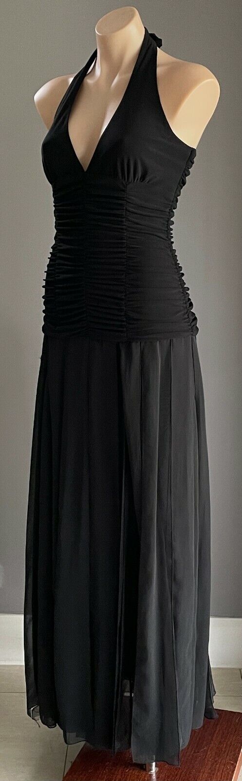 MR K Gown Dress Black Halter Neck Ruched Bodice Midi Fabric Strip Skirt Size 10