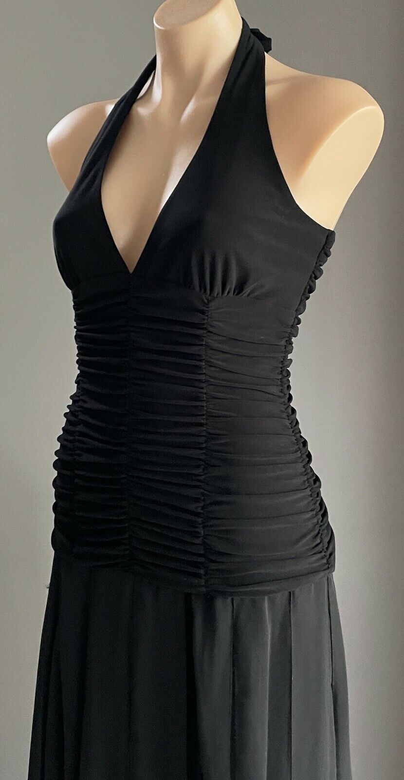 MR K Gown Dress Black Halter Neck Ruched Bodice Midi Fabric Strip Skirt Size 10