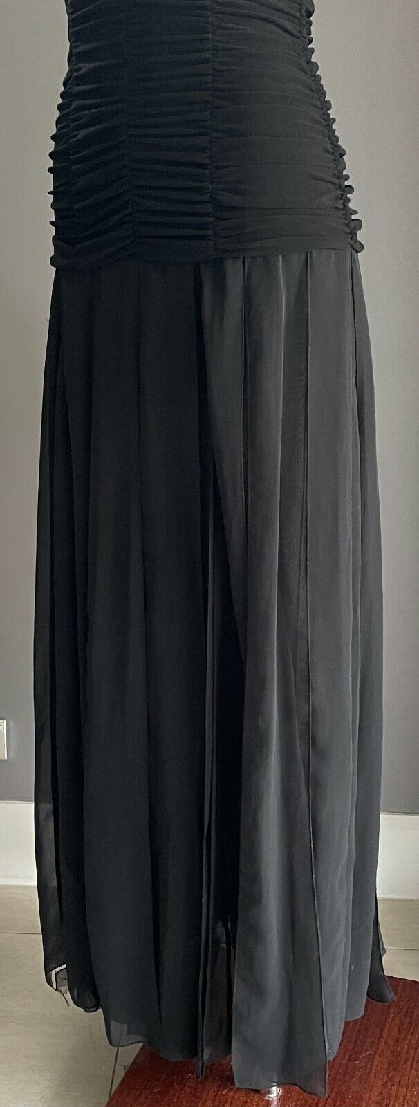 MR K Gown Dress Black Halter Neck Ruched Bodice Midi Fabric Strip Skirt Size 10