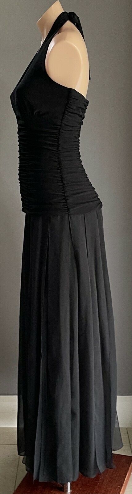 MR K Gown Dress Black Halter Neck Ruched Bodice Midi Fabric Strip Skirt Size 10