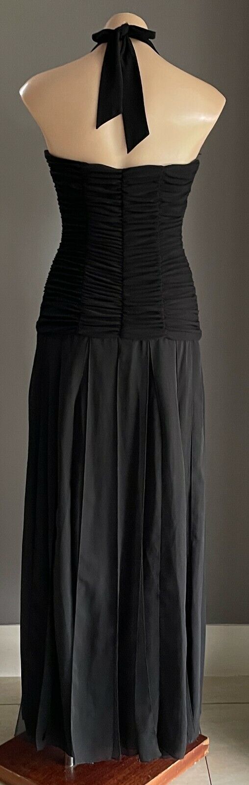 MR K Gown Dress Black Halter Neck Ruched Bodice Midi Fabric Strip Skirt Size 10