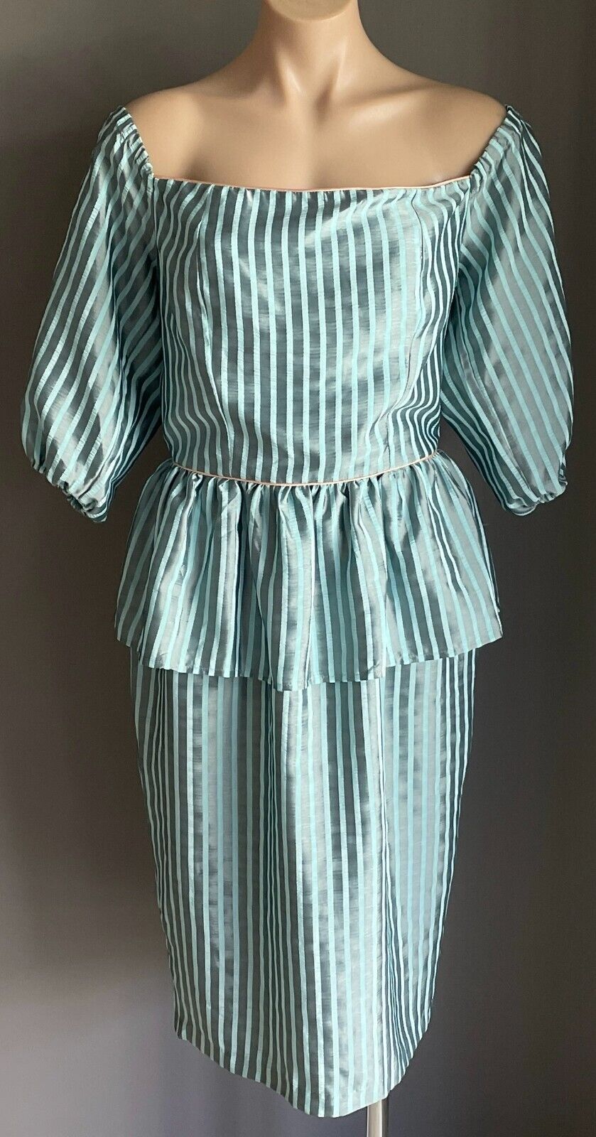 Vintage MR K Dress 1980s Blue & Grey Stripe Off the Shoulder Pink Trim Size 14