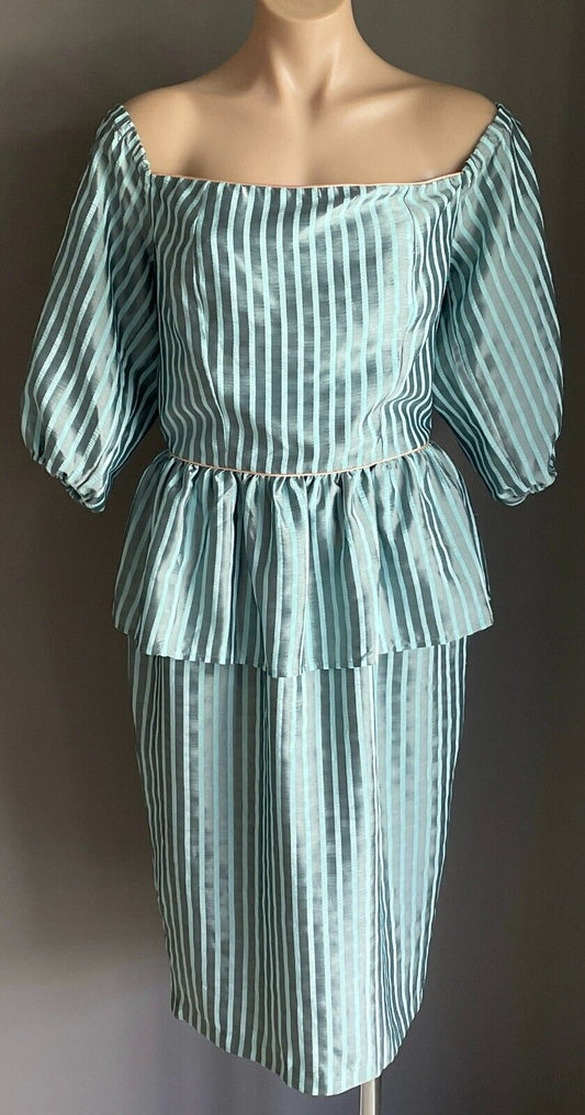 Vintage MR K Dress 1980s Blue & Grey Stripe Off the Shoulder Pink Trim Size 14