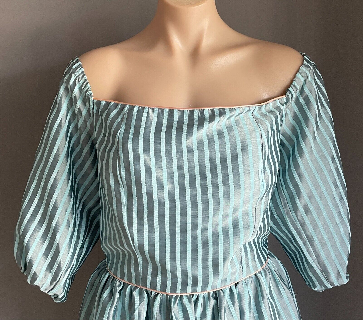 Vintage MR K Dress 1980s Blue & Grey Stripe Off the Shoulder Pink Trim Size 14