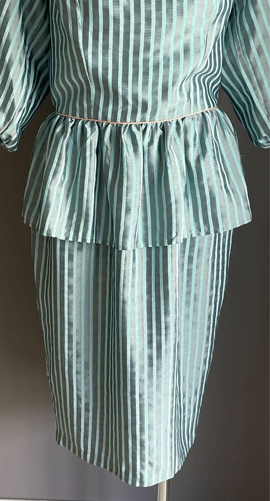 Vintage MR K Dress 1980s Blue & Grey Stripe Off the Shoulder Pink Trim Size 14