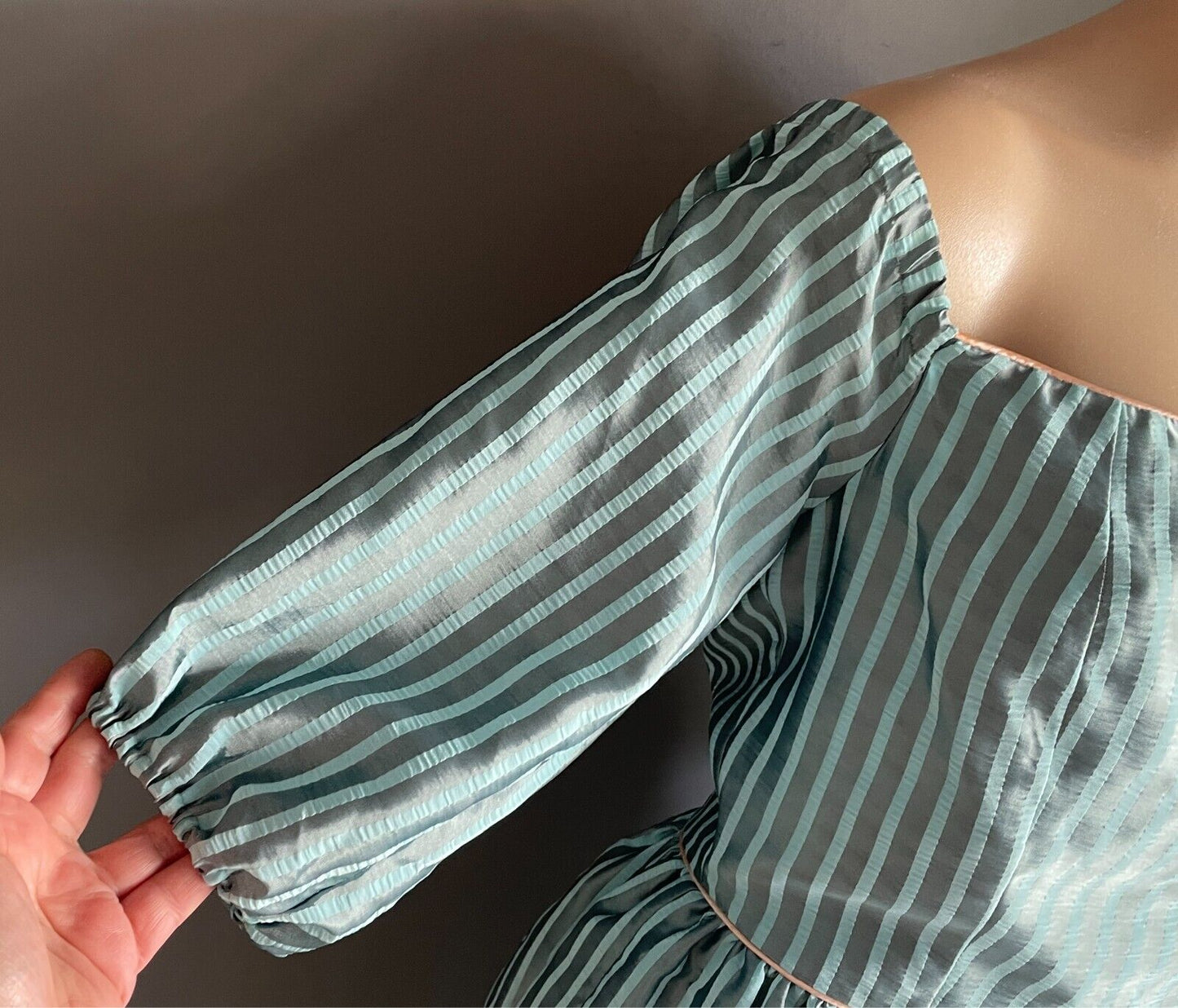 Vintage MR K Dress 1980s Blue & Grey Stripe Off the Shoulder Pink Trim Size 14