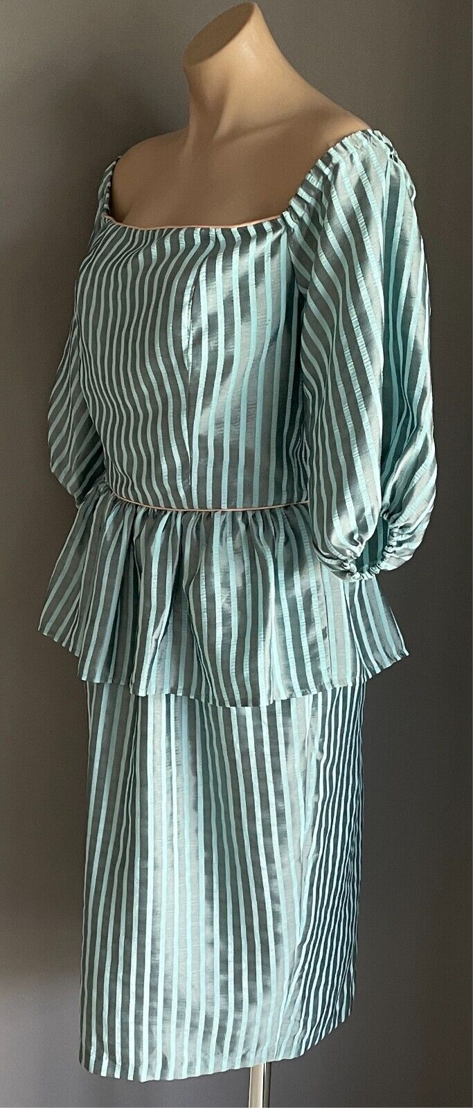 Vintage MR K Dress 1980s Blue & Grey Stripe Off the Shoulder Pink Trim Size 14