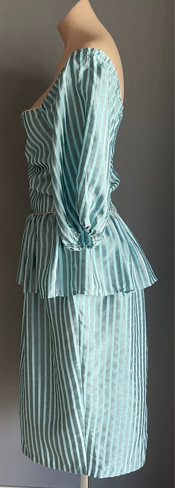 Vintage MR K Dress 1980s Blue & Grey Stripe Off the Shoulder Pink Trim Size 14