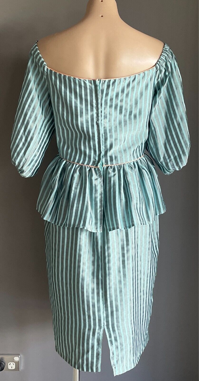 Vintage MR K Dress 1980s Blue & Grey Stripe Off the Shoulder Pink Trim Size 14
