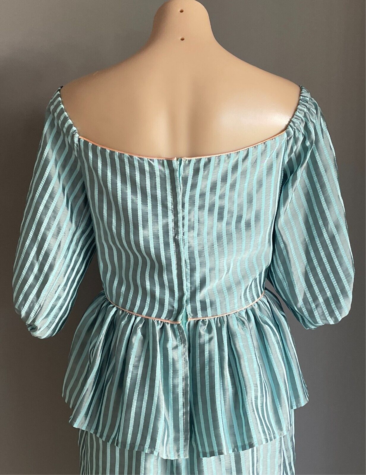 Vintage MR K Dress 1980s Blue & Grey Stripe Off the Shoulder Pink Trim Size 14