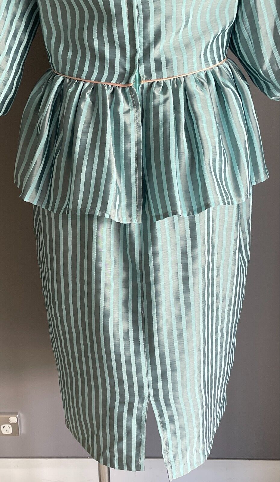 Vintage MR K Dress 1980s Blue & Grey Stripe Off the Shoulder Pink Trim Size 14