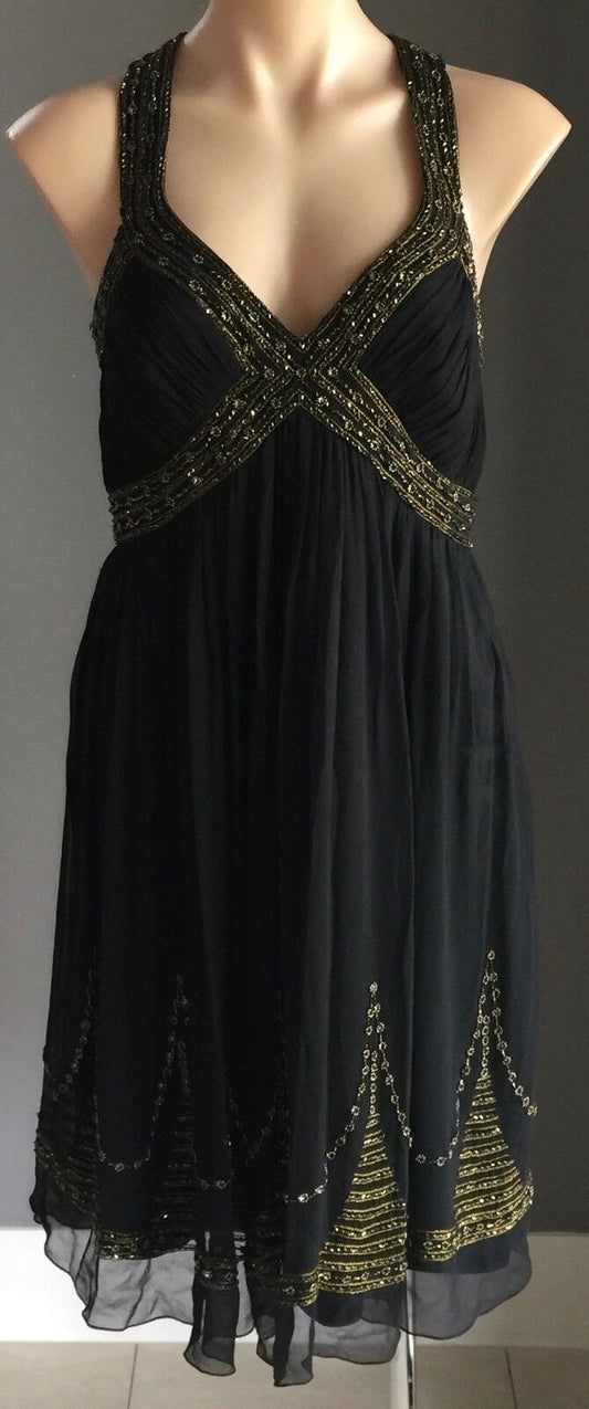 MR K Evening Dress Black Knee Length Silk w Beading Party Formal Frock Sz 12 NEW