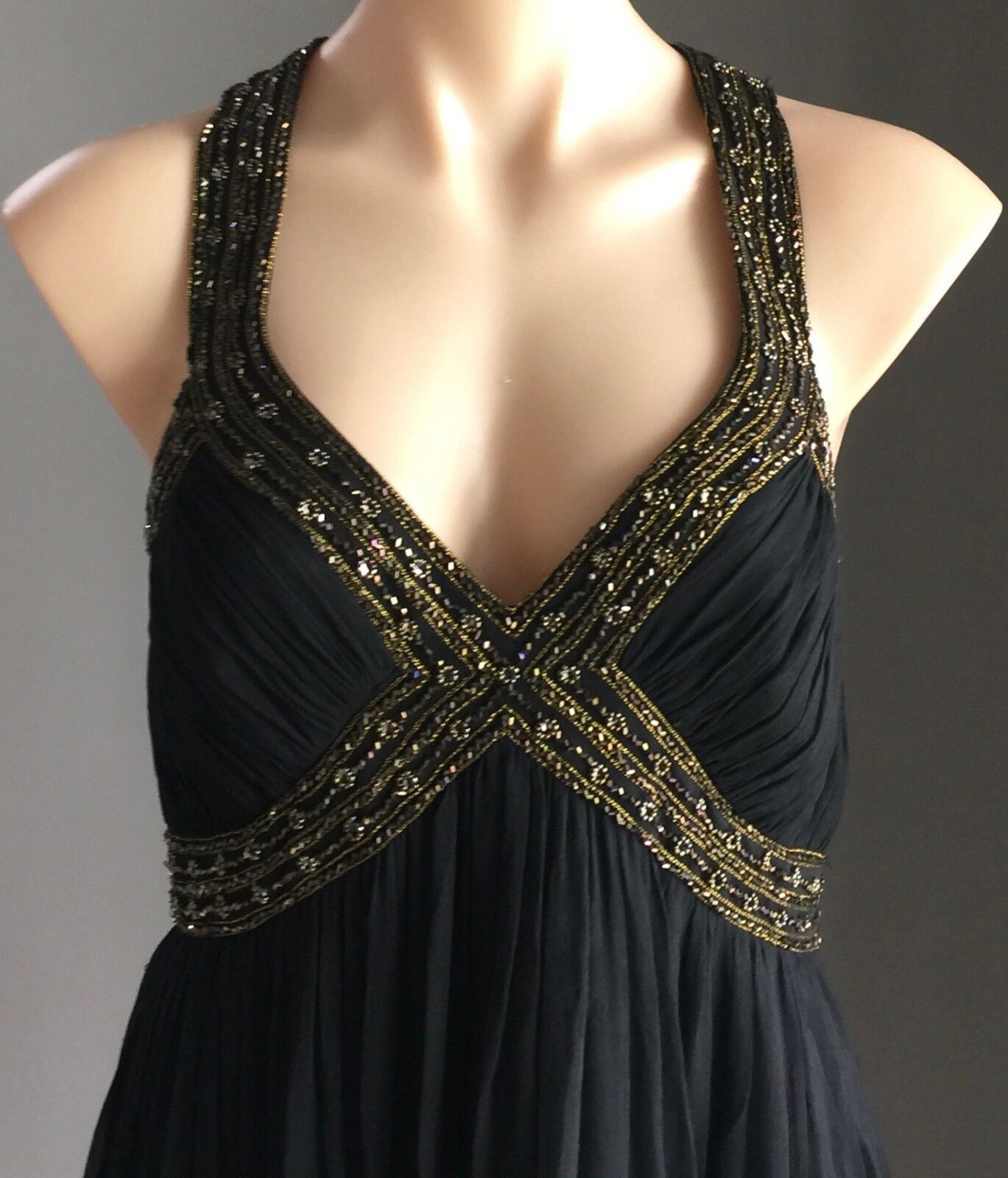 MR K Evening Dress Black Knee Length Silk w Beading Party Formal Frock Sz 12 NEW
