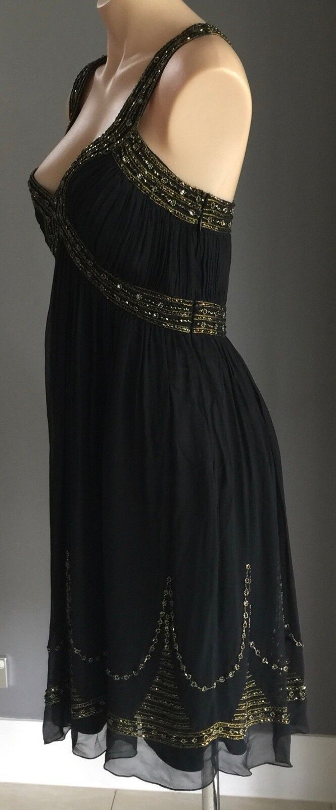 MR K Evening Dress Black Knee Length Silk w Beading Party Formal Frock Sz 12 NEW