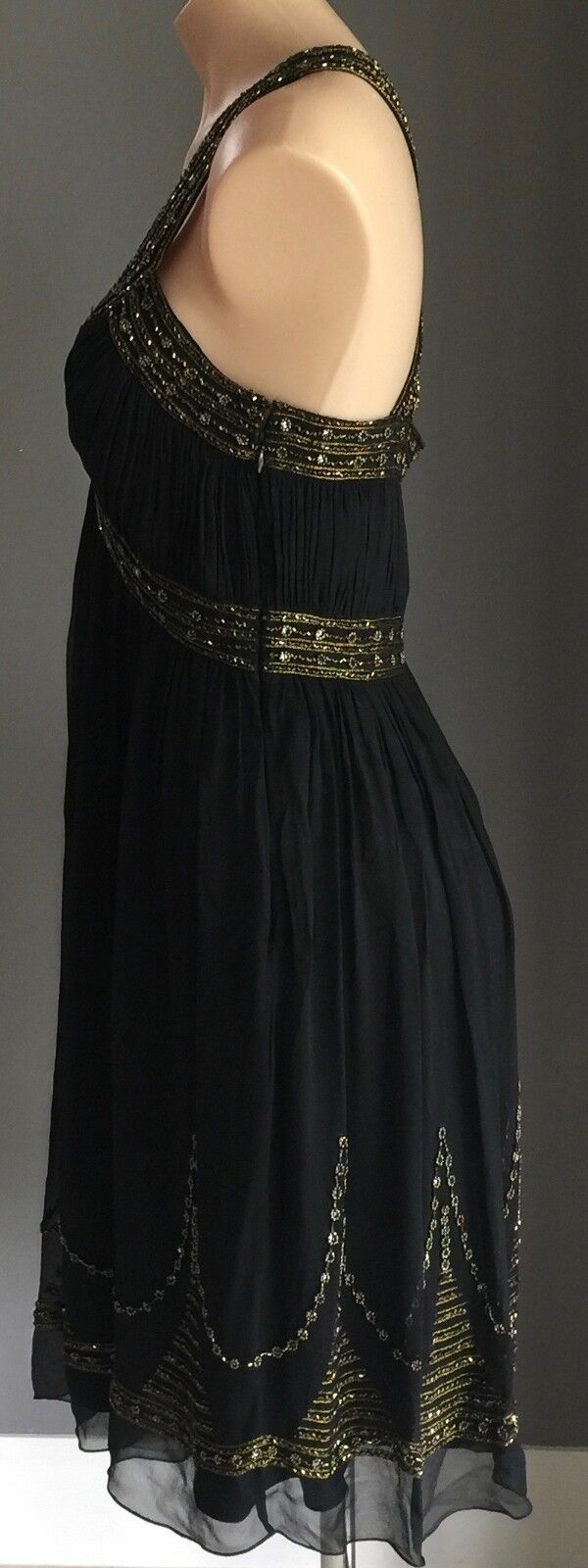 MR K Evening Dress Black Knee Length Silk w Beading Party Formal Frock Sz 12 NEW