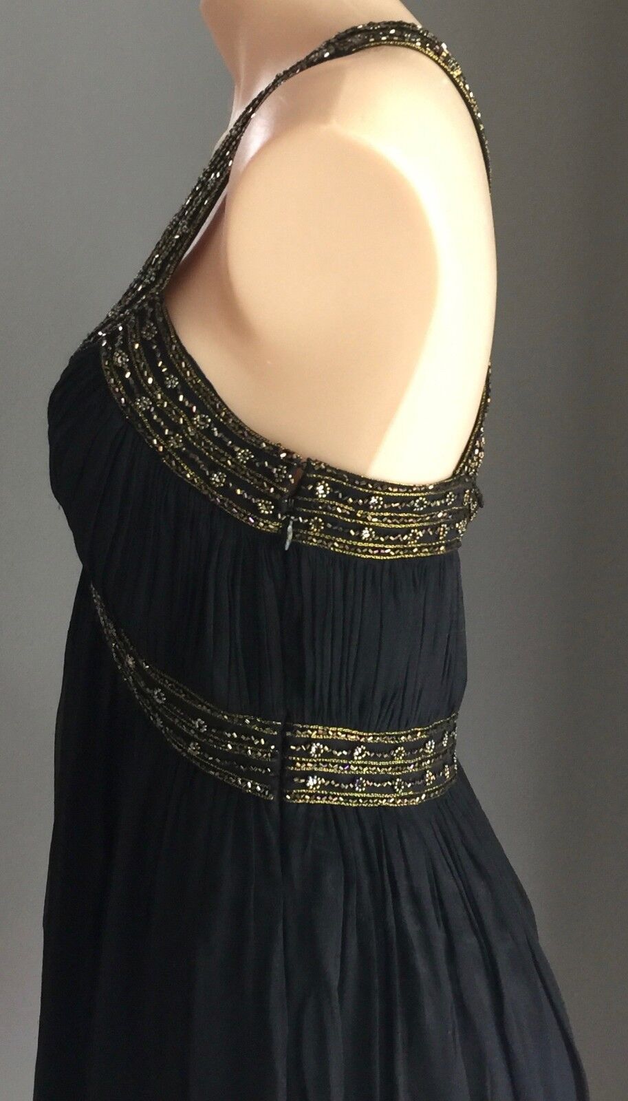 MR K Evening Dress Black Knee Length Silk w Beading Party Formal Frock Sz 12 NEW