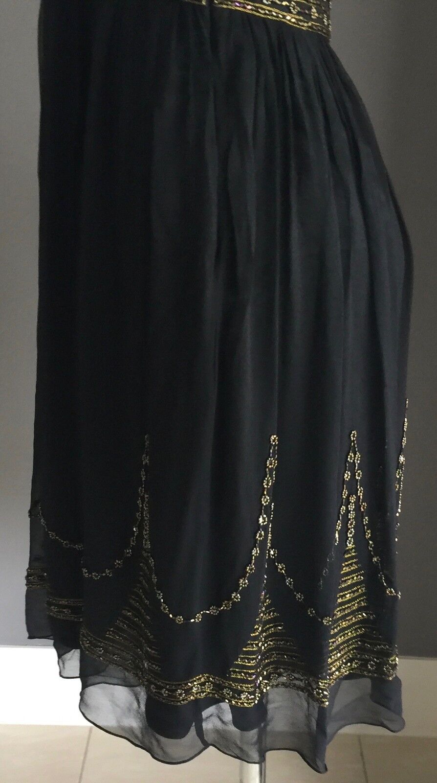 MR K Evening Dress Black Knee Length Silk w Beading Party Formal Frock Sz 12 NEW