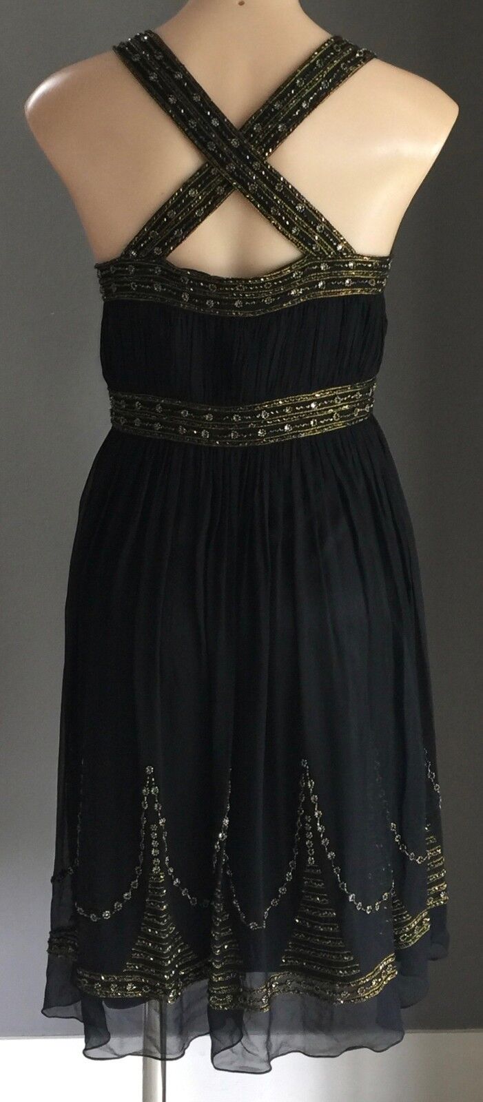 MR K Evening Dress Black Knee Length Silk w Beading Party Formal Frock Sz 12 NEW