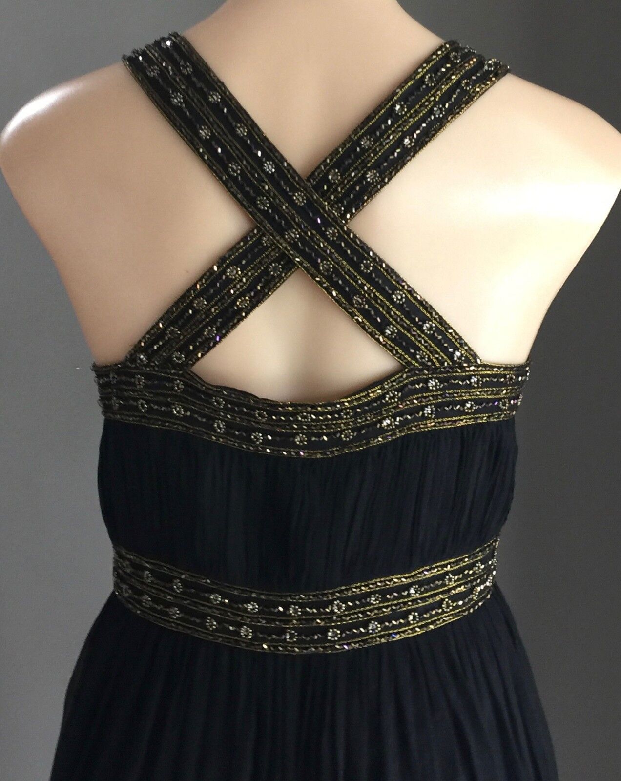 MR K Evening Dress Black Knee Length Silk w Beading Party Formal Frock Sz 12 NEW