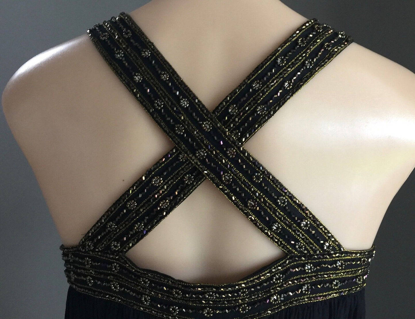 MR K Evening Dress Black Knee Length Silk w Beading Party Formal Frock Sz 12 NEW