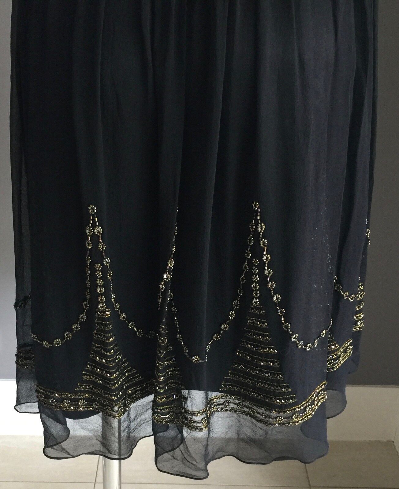 MR K Evening Dress Black Knee Length Silk w Beading Party Formal Frock Sz 12 NEW