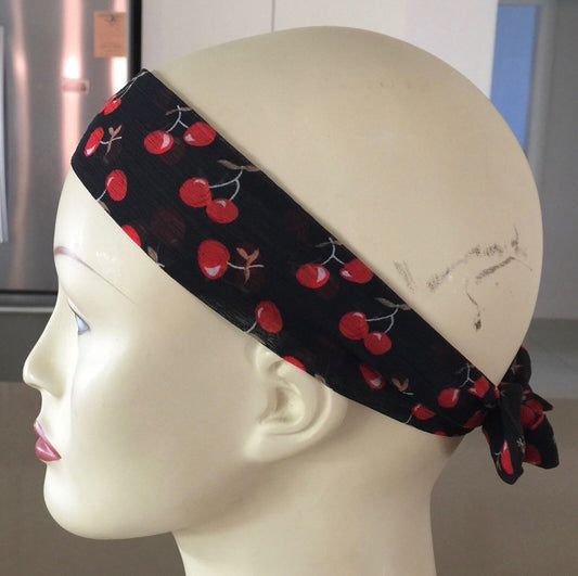 HEADBAND Cherry Print Rockabilly Pin Up Hair Neck Tie Ribbon Black Red Organza