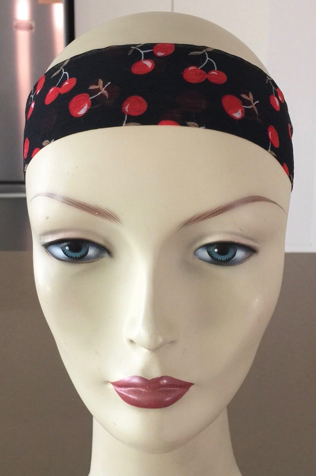 HEADBAND Cherry Print Rockabilly Pin Up Hair Neck Tie Ribbon Black Red Organza