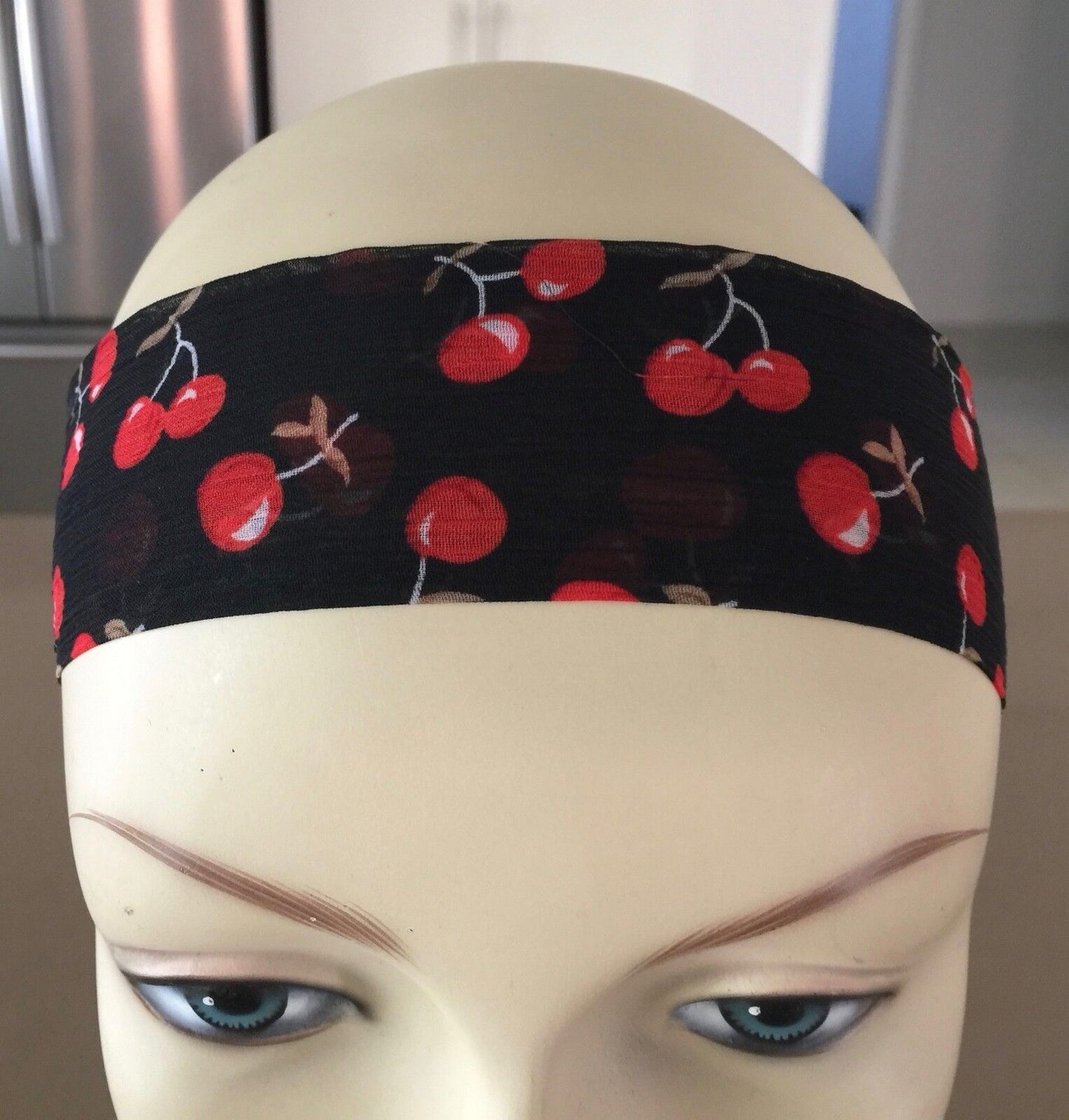 HEADBAND Cherry Print Rockabilly Pin Up Hair Neck Tie Ribbon Black Red Organza