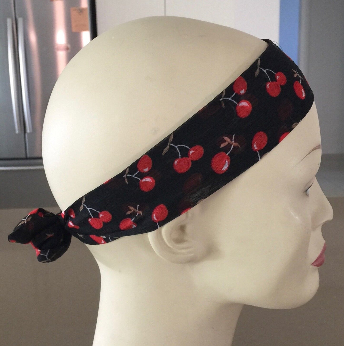 HEADBAND Cherry Print Rockabilly Pin Up Hair Neck Tie Ribbon Black Red Organza