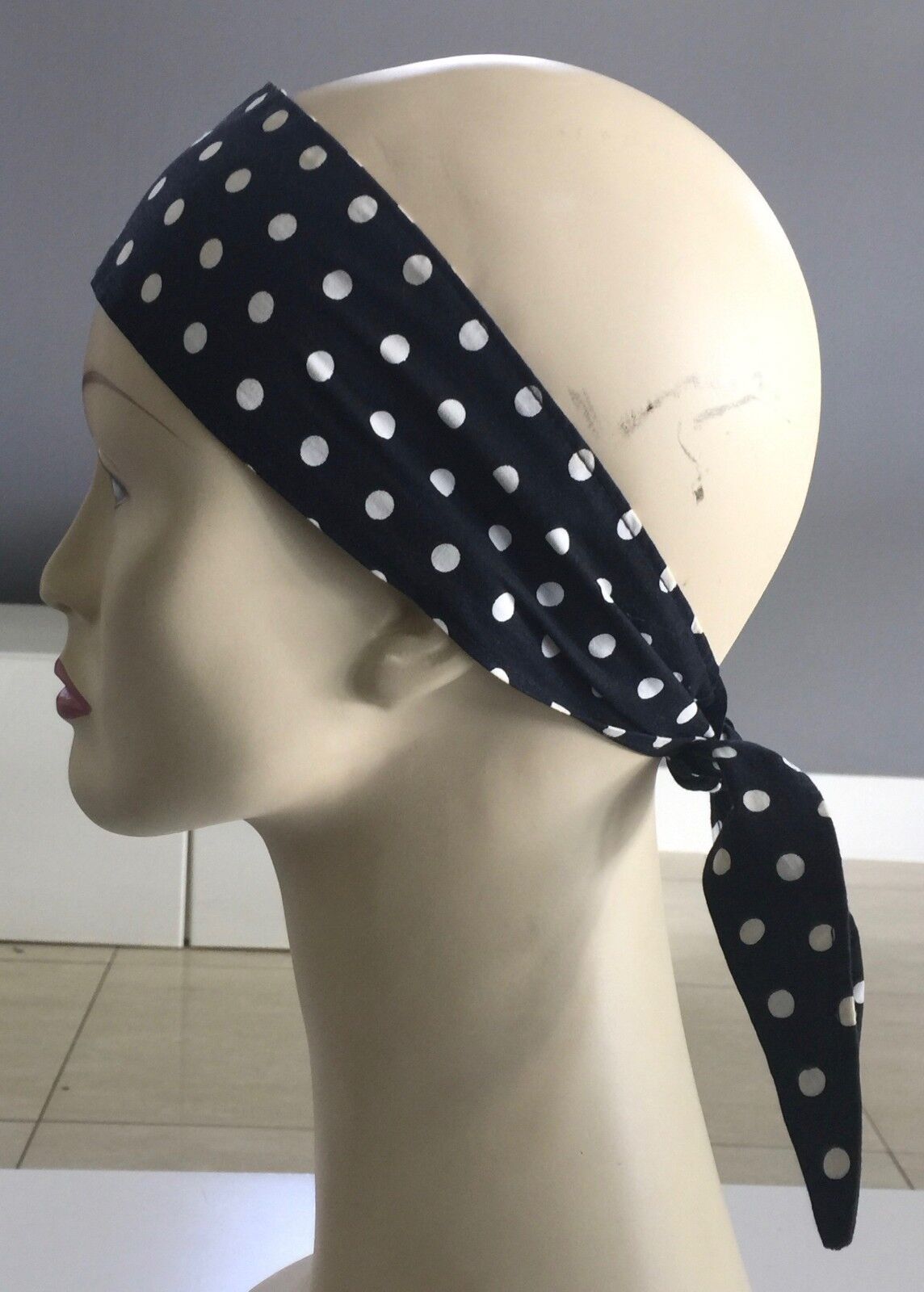 HEADBAND Black & White Cotton Polka Dot Print NECK Tie Hair Band Ribbon Pin Up
