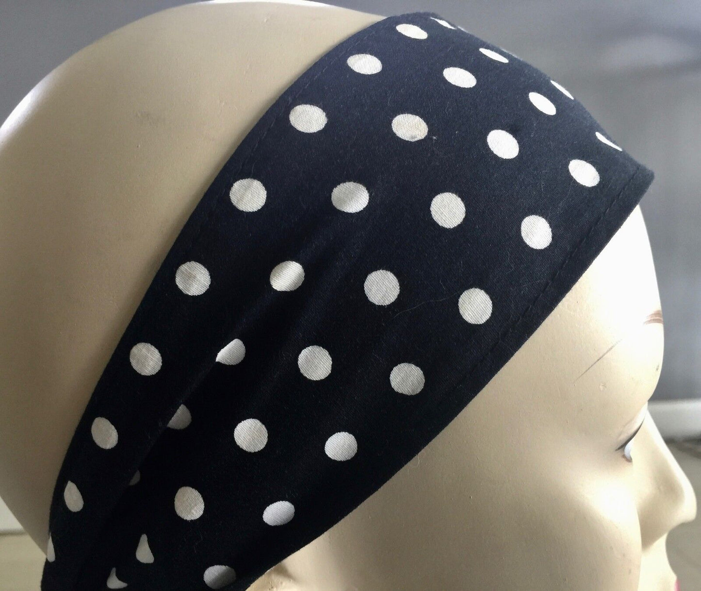 HEADBAND Black & White Cotton Polka Dot Print NECK Tie Hair Band Ribbon Pin Up