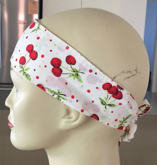 HEADBAND Cotton White & Red Cherry Print NECK HAIR Tie Ribbon Rockabilly Pinup