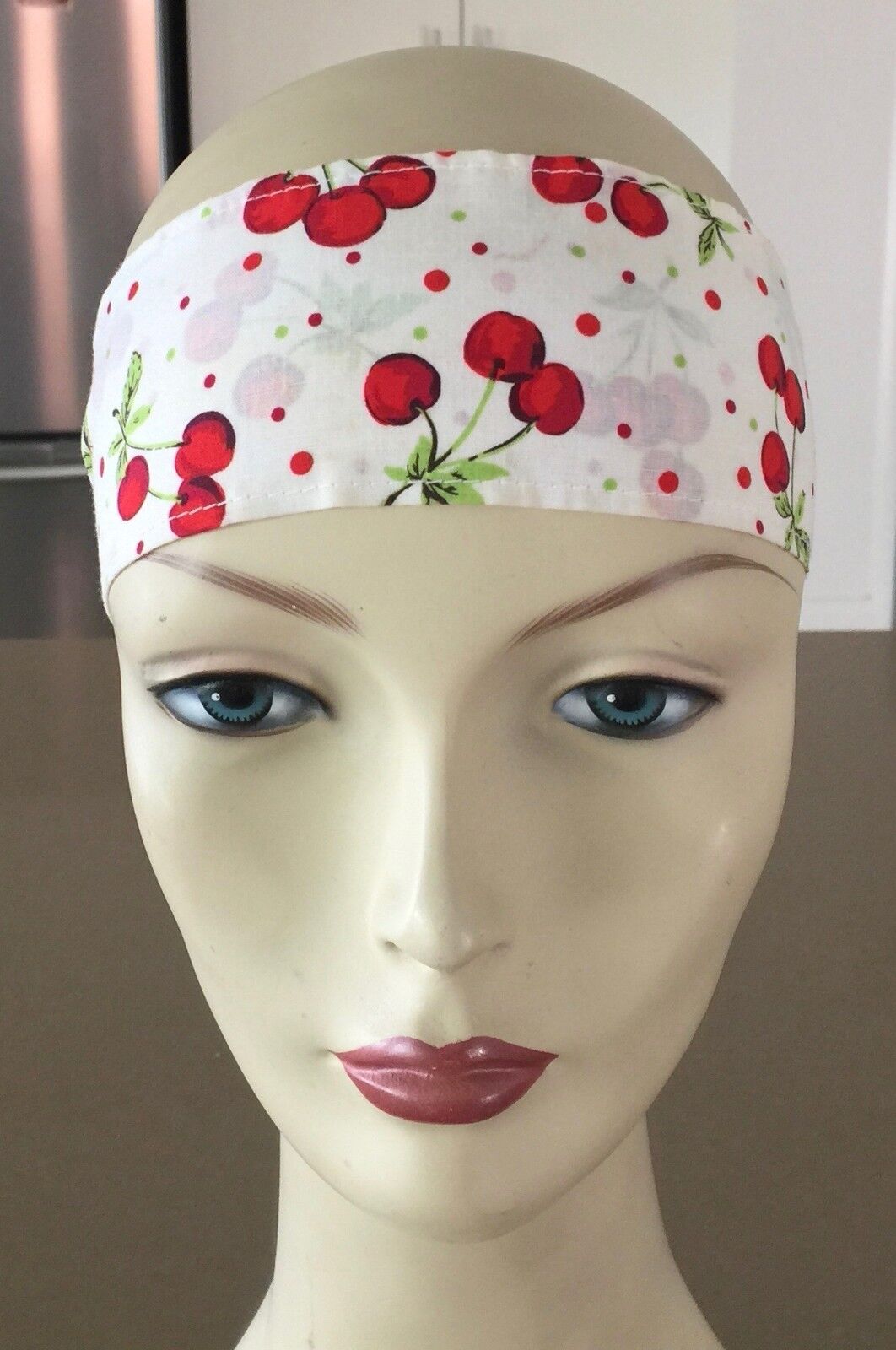 HEADBAND Cotton White & Red Cherry Print NECK HAIR Tie Ribbon Rockabilly Pinup