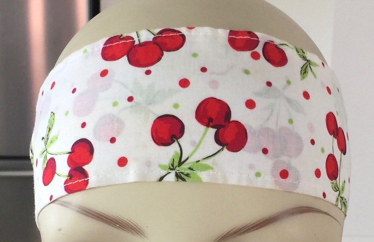 HEADBAND Cotton White & Red Cherry Print NECK HAIR Tie Ribbon Rockabilly Pinup